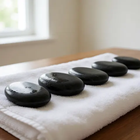 Close-up of smooth black basalt stones arranged on a folded white towel placed on a wooden surface, ideal for spa and reflexology product displays.