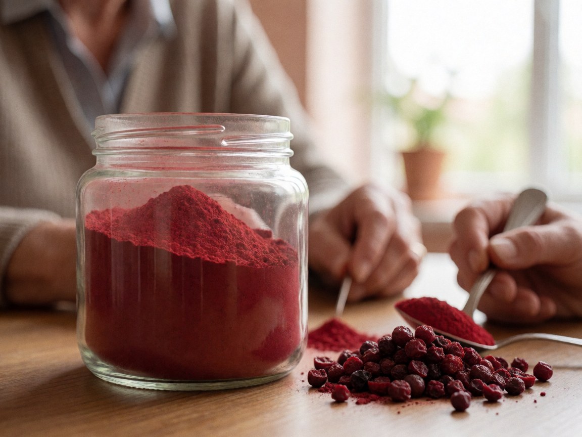 Close-up of red superfood powder in a glass jar with dried berries and a spoon on light wood