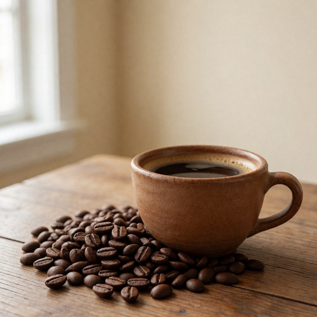 Ceramic cup with dark coffee on roasted beans on rustic wooden table with soft natural light