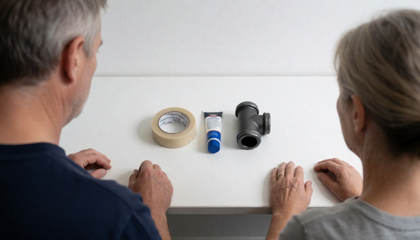 Close-up of black steel pipe, PTFE tape, and grease tube arranged on a clean white table during a gas installation project.