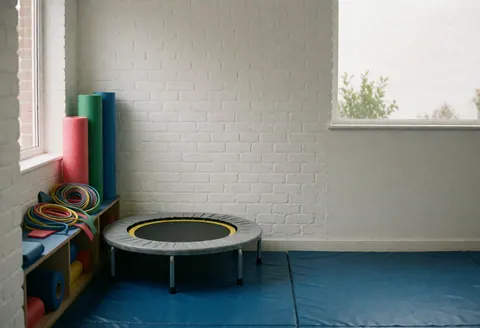 Gym warm-up area featuring a mini trampoline, foam rollers, and resistance bands on a blue floor with white brick walls