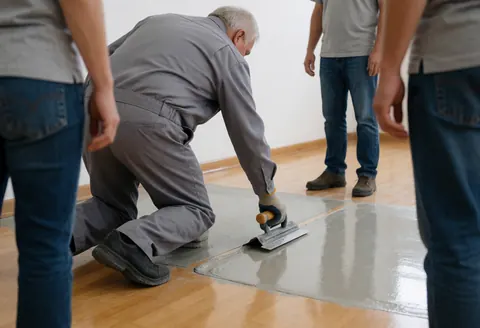 A man using a trowel to fix a crack in a polished wooden floor inside a room with white walls.