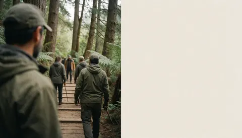A group of adults walking along a wooden boardwalk through a dense forest with tall trees and ferns, suitable for an adventure park website.