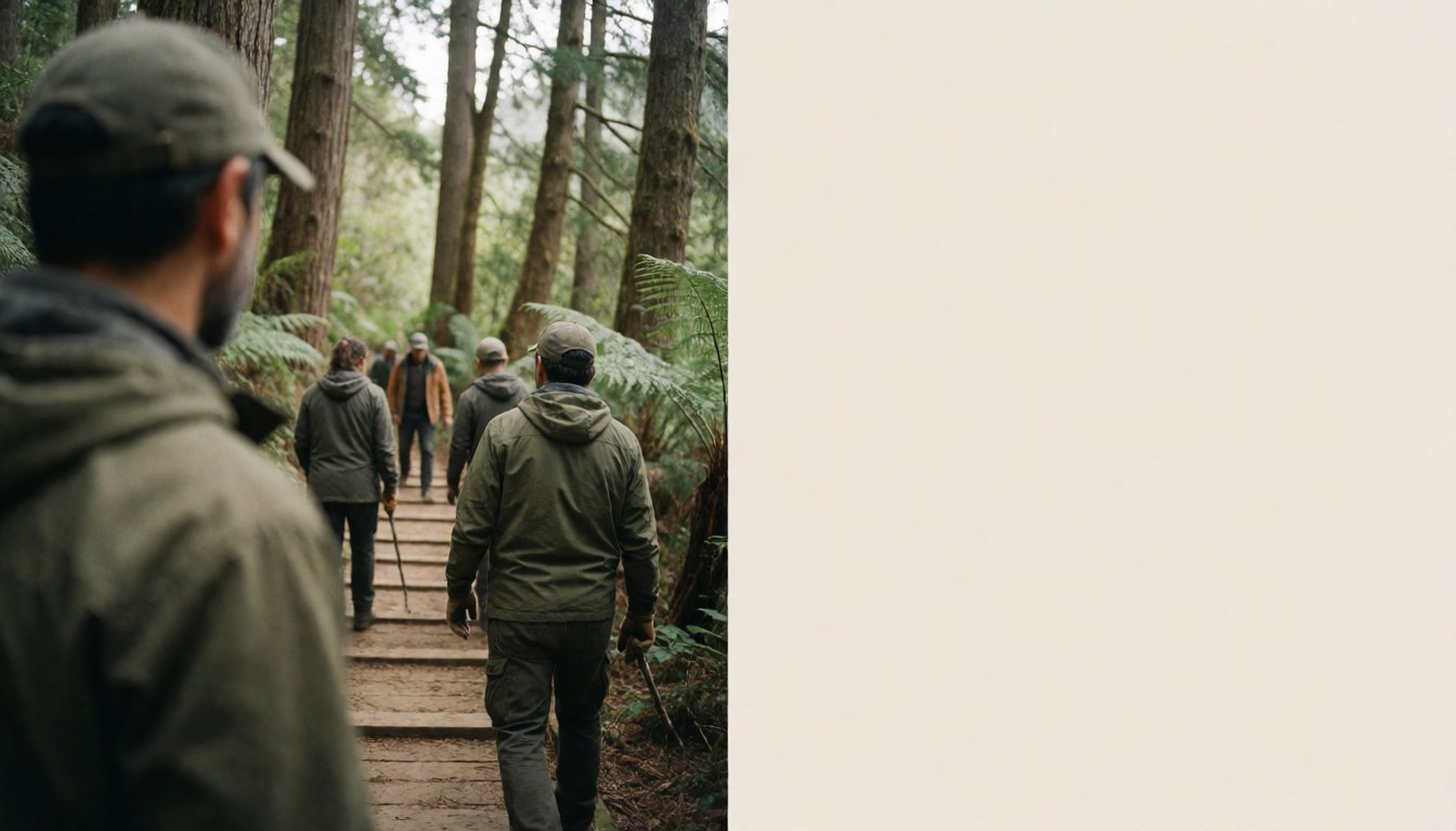 A group of adults walking along a wooden boardwalk through a dense forest with tall trees and ferns, suitable for an adventure park website.
