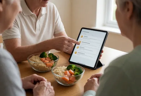 Personal trainer pointing at a tablet while standing next to a wooden table with plates of quinoa and salmon.