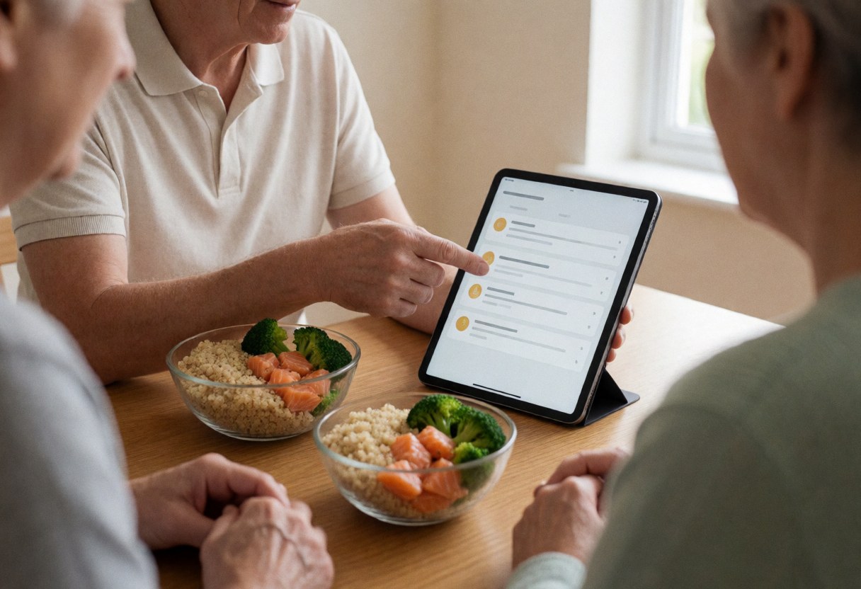 Personal trainer pointing at a tablet while standing next to a wooden table with plates of quinoa and salmon.