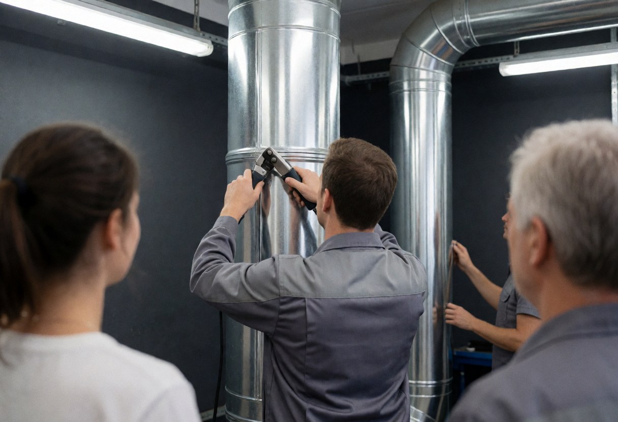 Technician in gray uniform installing thermal insulation on metal pipes using a crimping tool in an industrial workshop with fluorescent lighting.