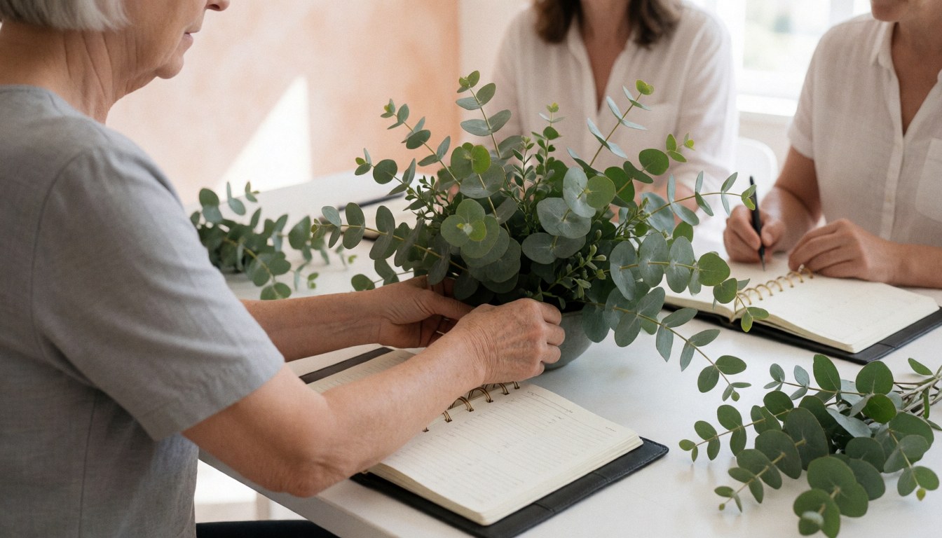 A wedding planner adjusts a eucalyptus centerpiece on a white table while two clients take notes in an office with terracotta walls.