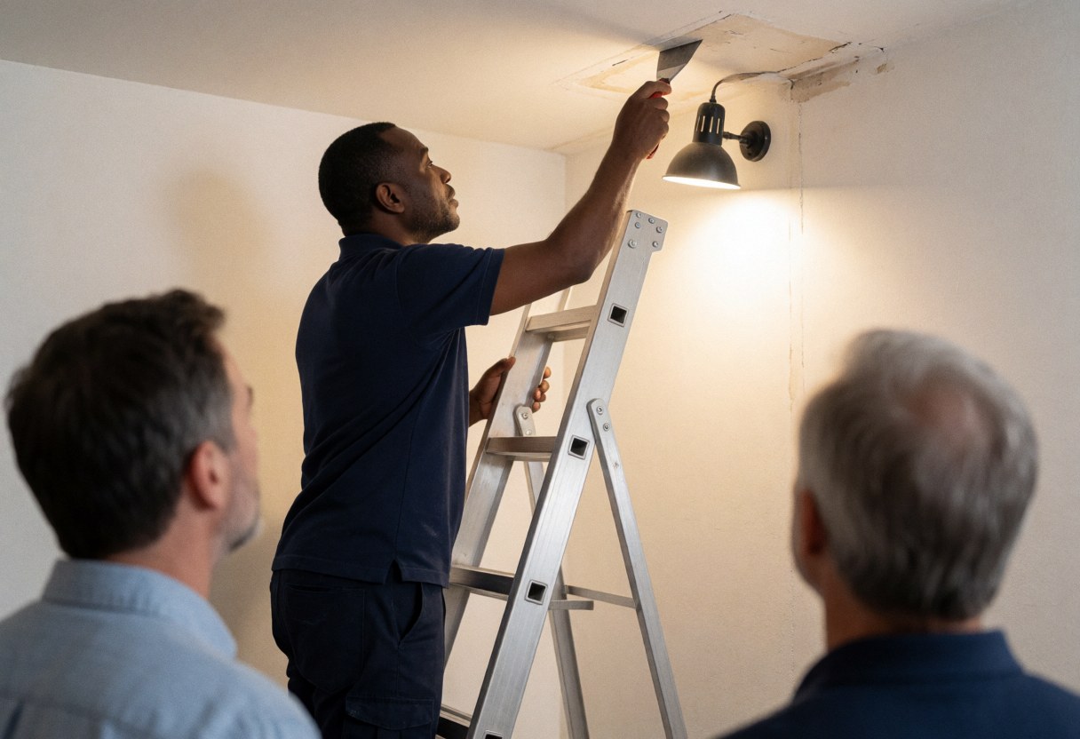 A man on a ladder uses scissors to repair a hole in the ceiling while two clients watch in a room with white walls.
