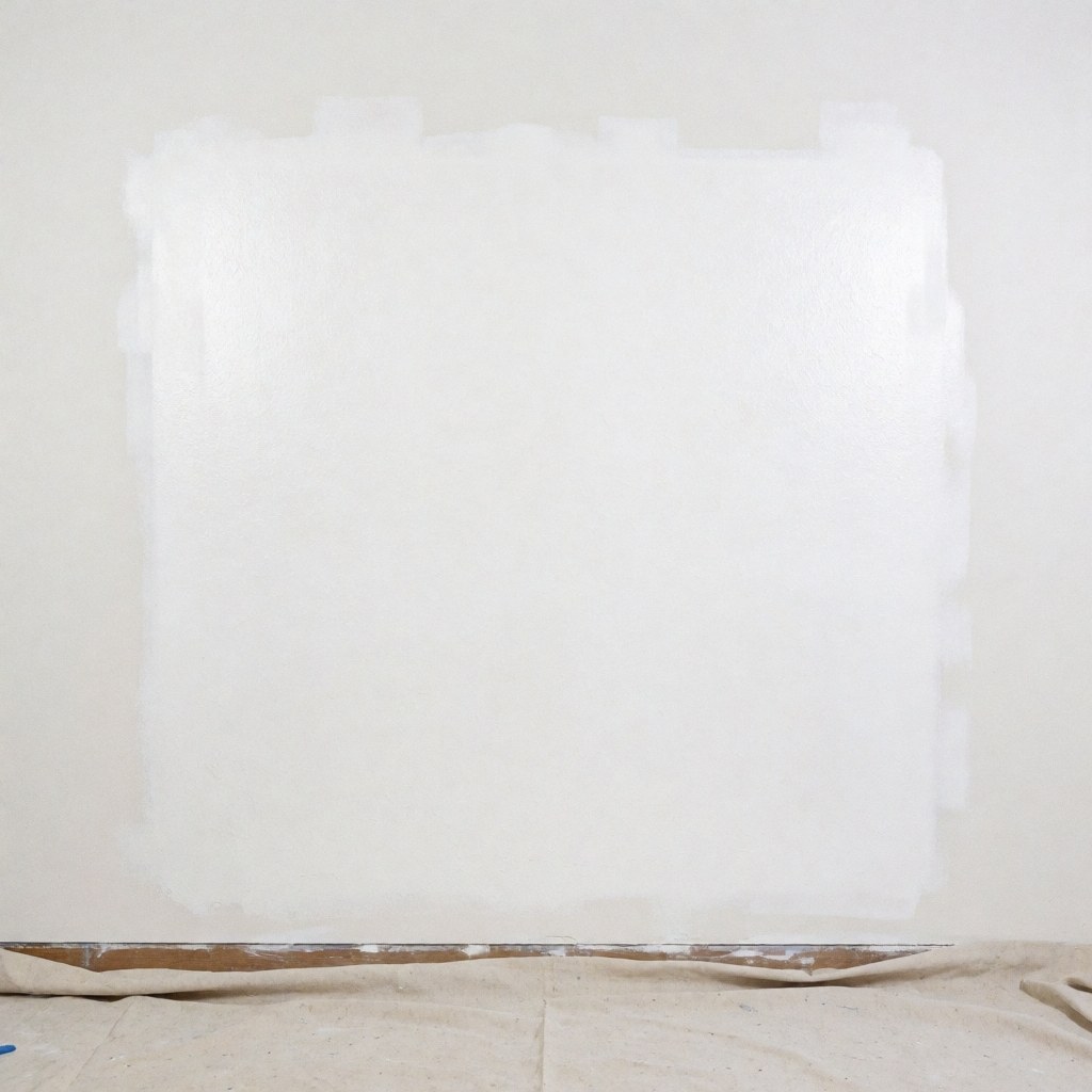 A white wall that has been repaired and is ready for painting, with protective sheeting on the floor, suitable for wall repair business details.
