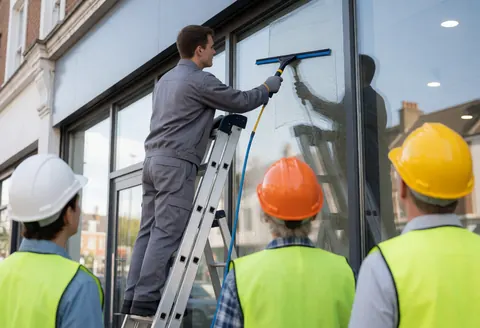 A worker on a ladder cleans a window with a blue squeegee while colleagues wearing helmets observe the storefront cleaning service.