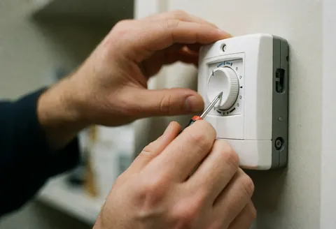 Close-up of a technician's hand using a screwdriver to adjust the dial on a white wall-mounted thermostat during a heating repair service.