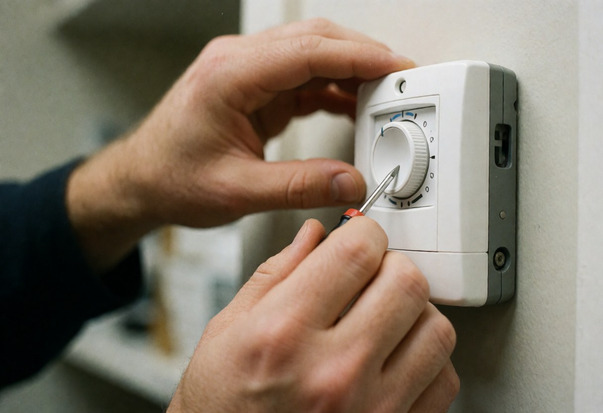 Close-up of a technician's hand using a screwdriver to adjust the dial on a white wall-mounted thermostat during a heating repair service.