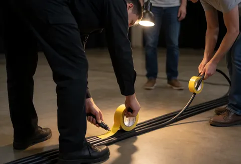 Technician working with yellow tape and black cables on concrete floor for event lighting setup