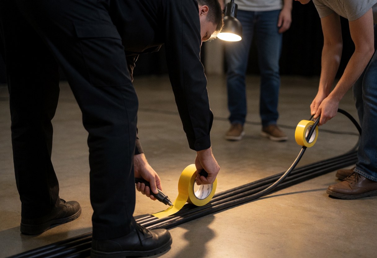 Technician working with yellow tape and black cables on concrete floor for event lighting setup
