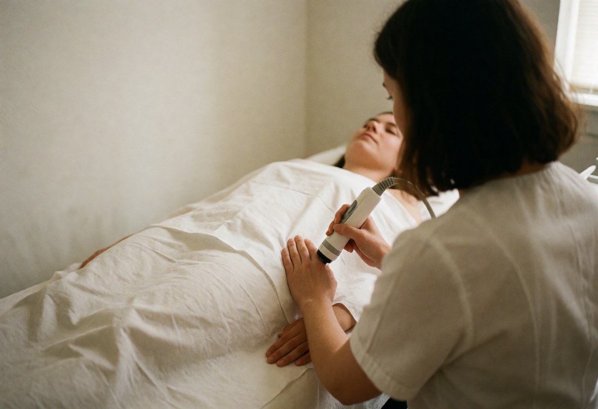 Close-up of professional hands holding a laser hair removal device above a white treatment table in a bright salon setting