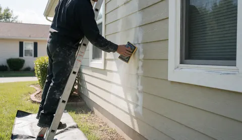 Worker on a ladder sanding a house wall with a protective mat to prepare the surface for repair.