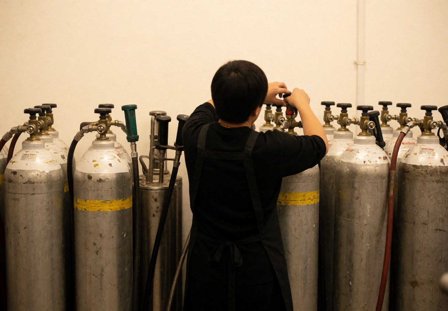 Person in black apron adjusting a gas tank valve among other tanks in a warm white-walled workshop for event decorators.