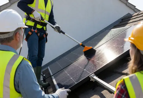 Workers in safety gear cleaning solar panels on a roof with long brushes under bright sunlight