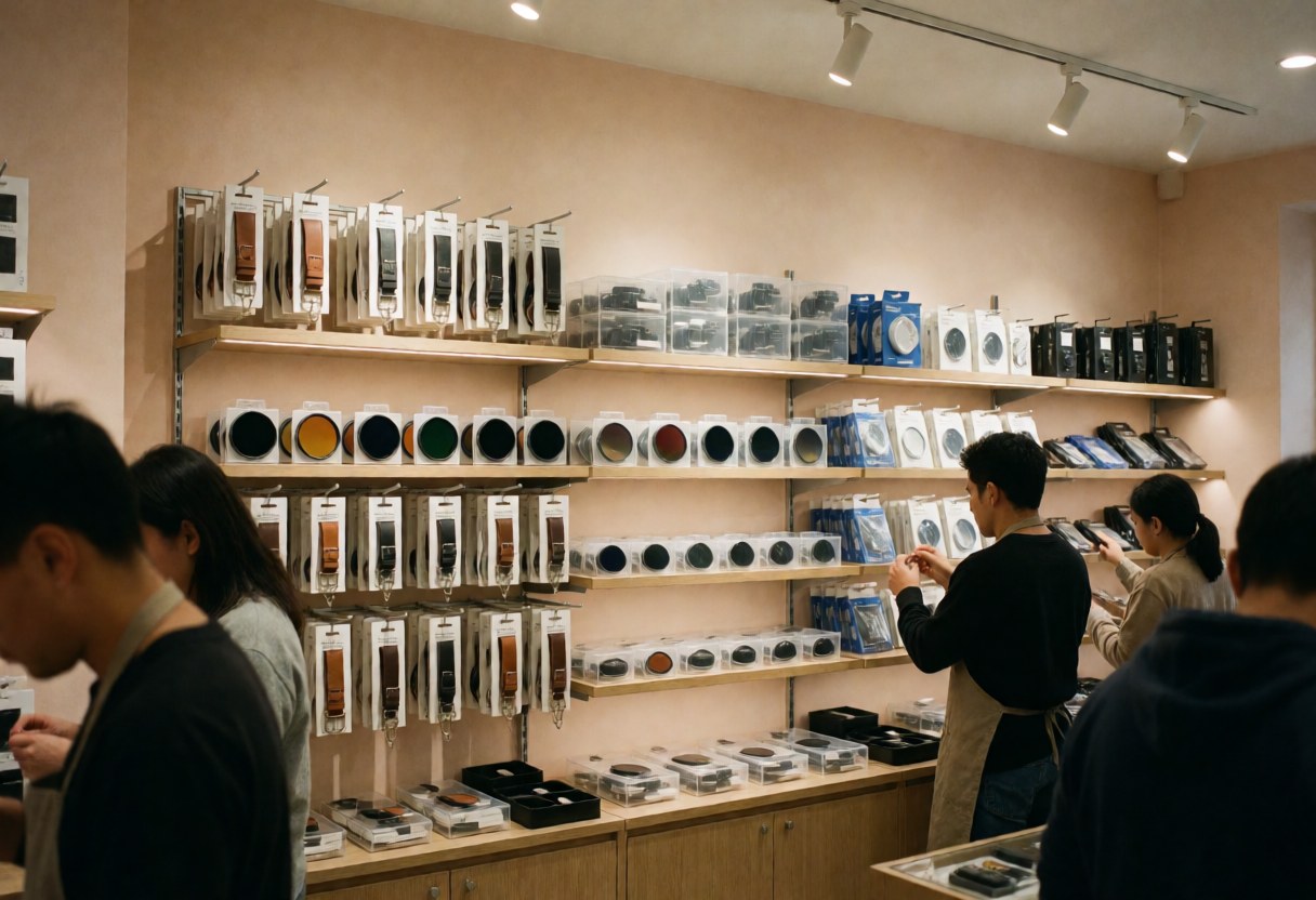 Customers browsing polarizing filters and camera straps on wooden shelves in a well-lit photography shop with beige walls