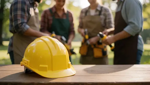 Close-up of a yellow hard hat resting on a wooden surface with blurred construction workers and tools in the background