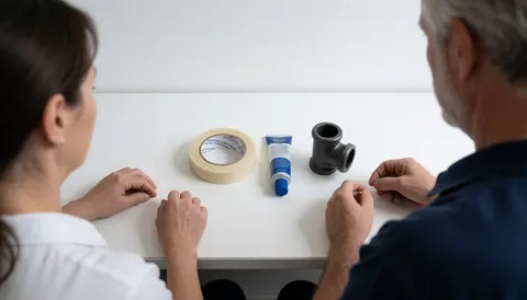Two technicians review gas installation tools on a clean white table, including PTFE tape, pipe grease, and black iron pipe wrench.