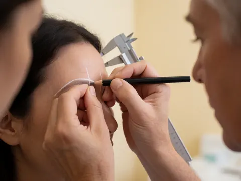 Close-up of a white marking line being drawn on a forehead using a caliper during a microblading service