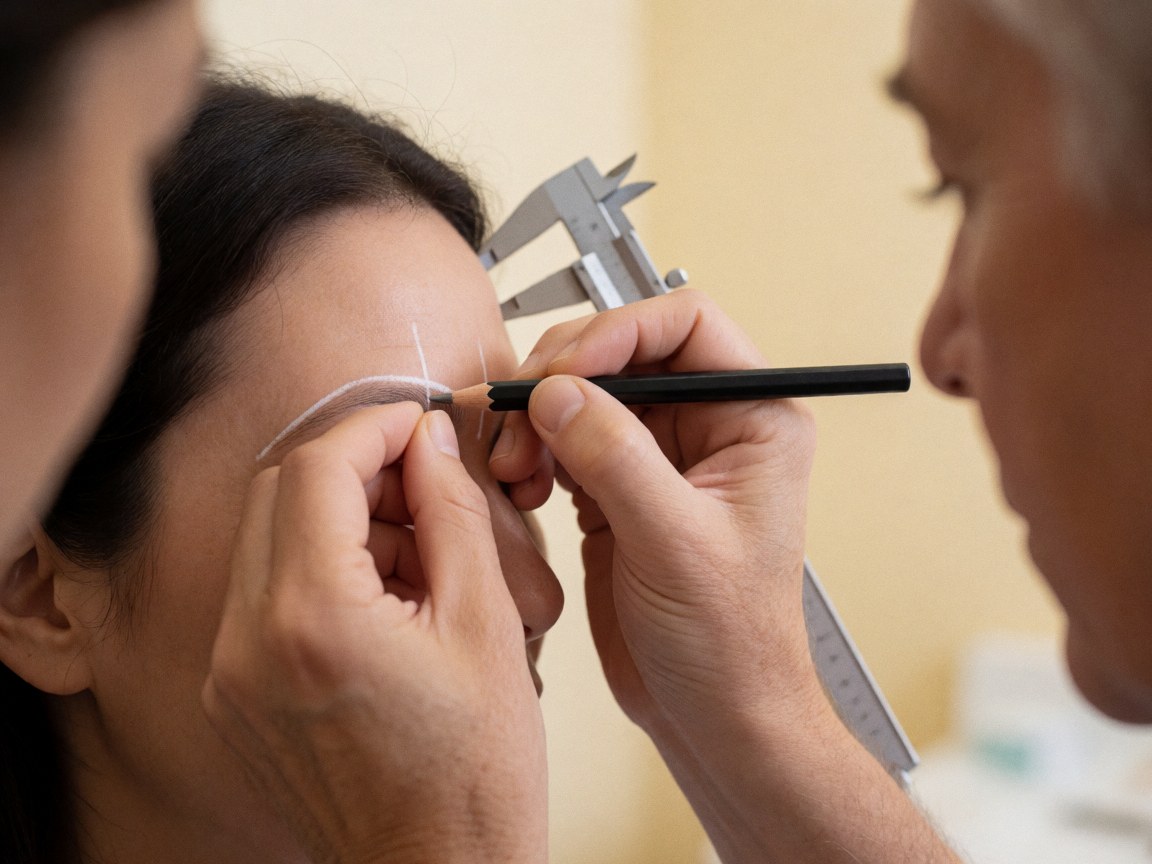 Close-up of a white marking line being drawn on a forehead using a caliper during a microblading service