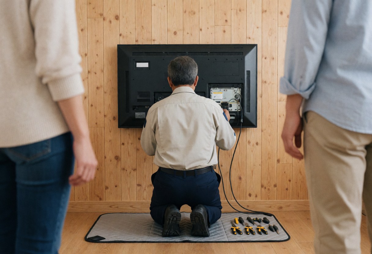 Technician working on a wall-mounted television with tools on a protective blanket in a room with wood walls