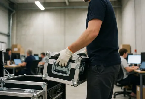 Technician wearing gloves lifts a large audio transport case inside an entertainment center with concrete walls and industrial lighting.