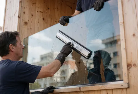 A worker wearing gloves uses a metal squeegee to clean a glass window, reflecting the sky against a wooden wall.