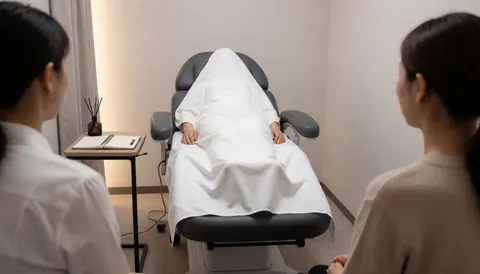 A person covered with a white sheet in a hypnotherapy chair, with two people observing from the sides in a clean modern room.