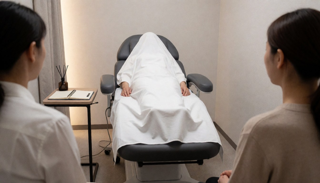 A person covered with a white sheet in a hypnotherapy chair, with two people observing from the sides in a clean modern room.
