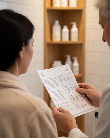 A professional displays a medical brochure with icons to a patient wearing a gown near a shelf of skincare products.