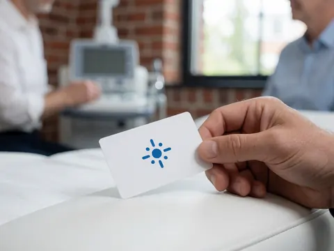Close-up of a hand holding a card with a laser symbol over a white treatment bed in a laser hair removal clinic with red brick wall and medical equipment in the background