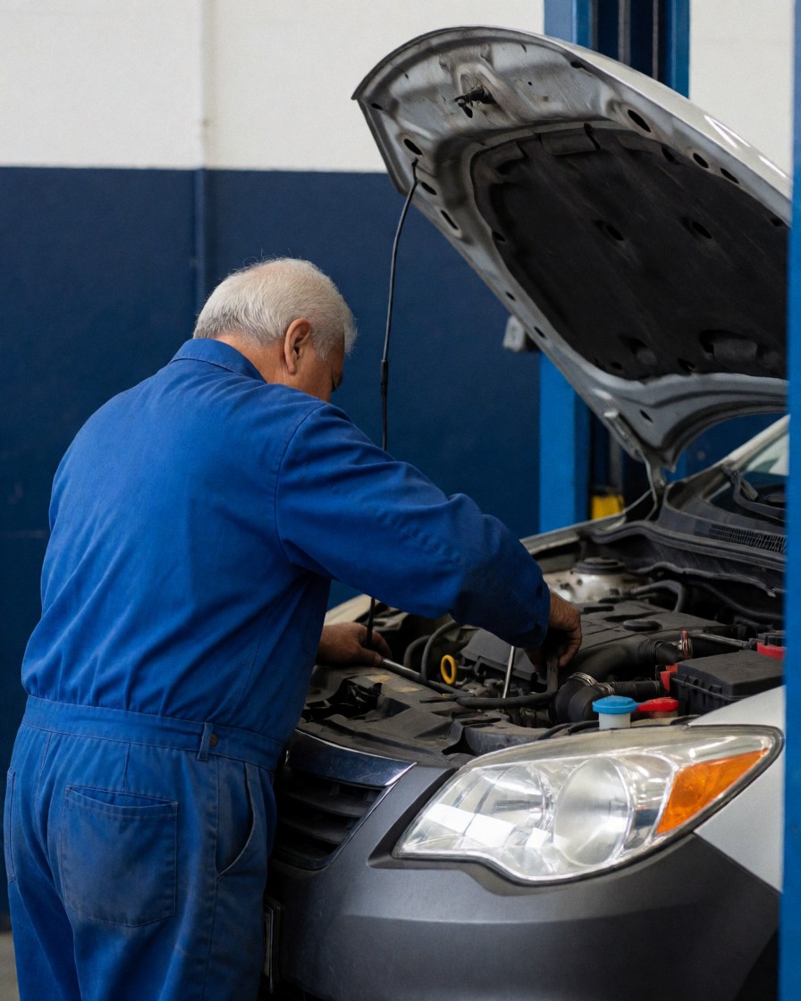 Mechanic in blue uniform checking car engine in workshop with blue and white walls