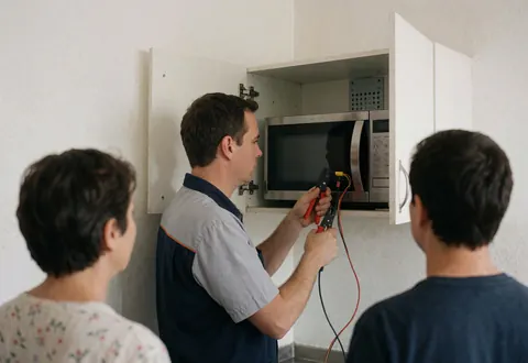 Technician inspects a microwave oven using a multimeter while two people watch closely.