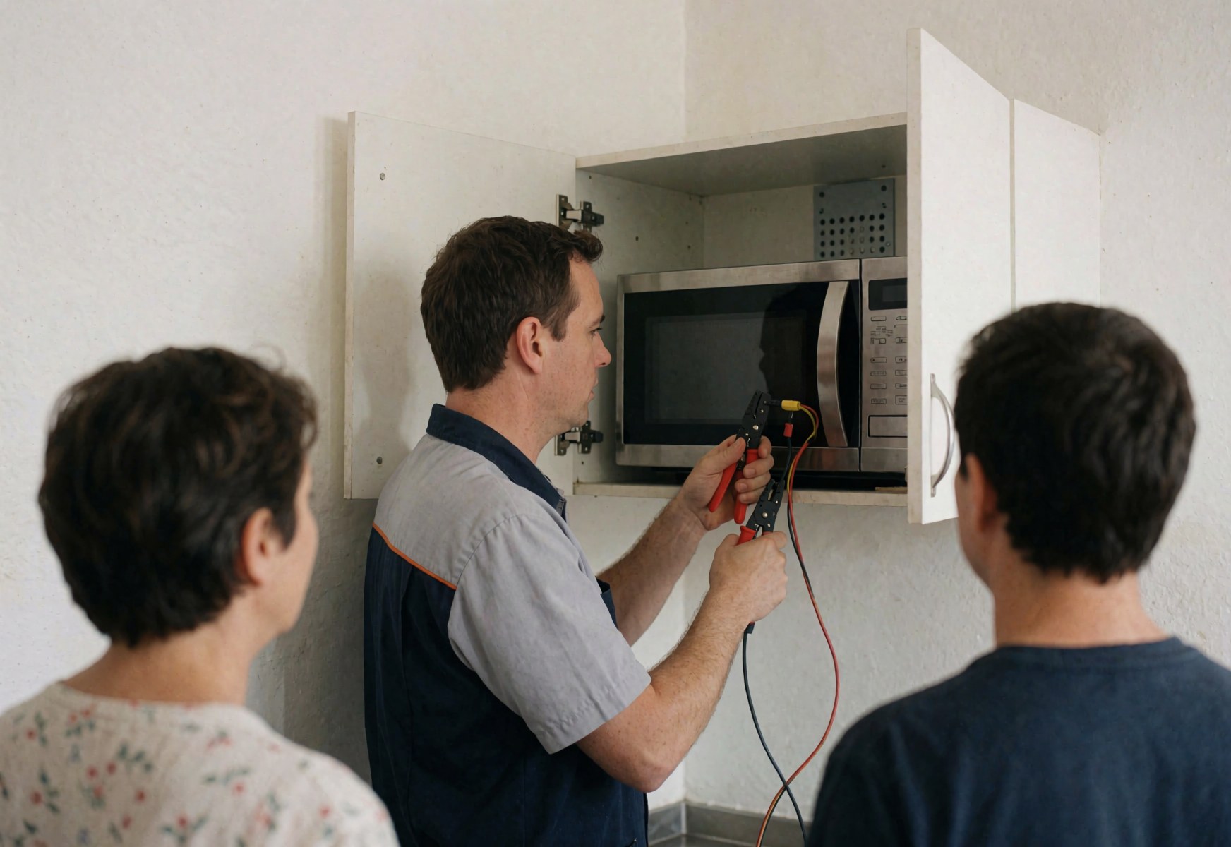 Technician inspects a microwave oven using a multimeter while two people watch closely.