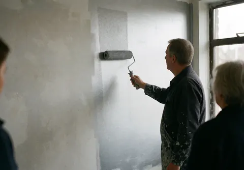 A painter uses a roller to apply gray paint on a wall while two people watch from the sides in a decorative painting space.
