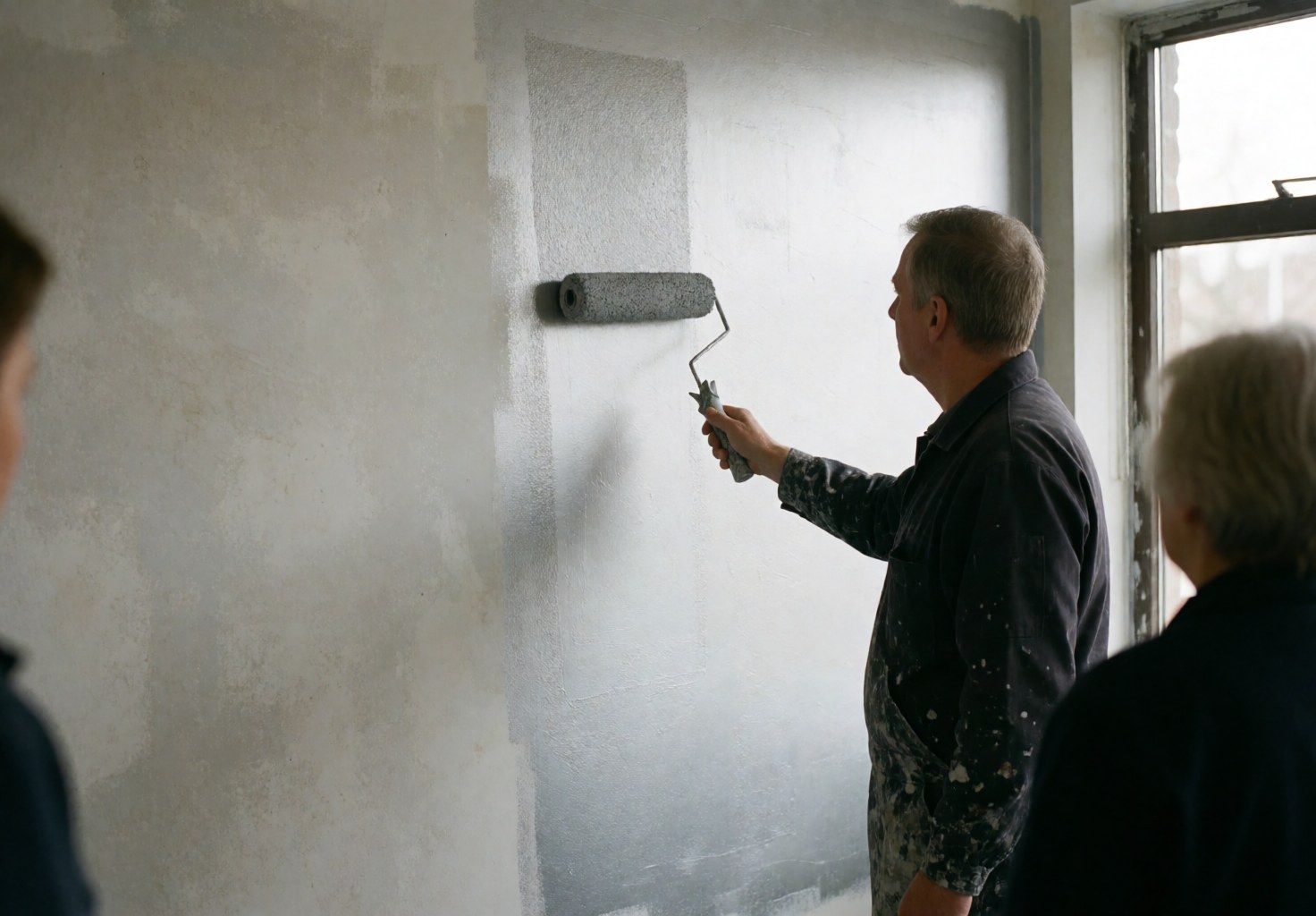 A painter uses a roller to apply gray paint on a wall while two people watch from the sides in a decorative painting space.