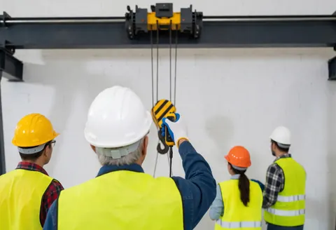 A worker wearing a hard hat and safety vest operates a gantry crane, with visible cables and hooks in an industrial setting