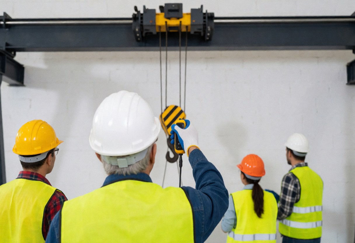 A worker wearing a hard hat and safety vest operates a gantry crane, with visible cables and hooks in an industrial setting