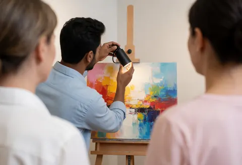 Artist adjusting a spotlight on an abstract painting on an easel with neutral walls and two people observing from behind