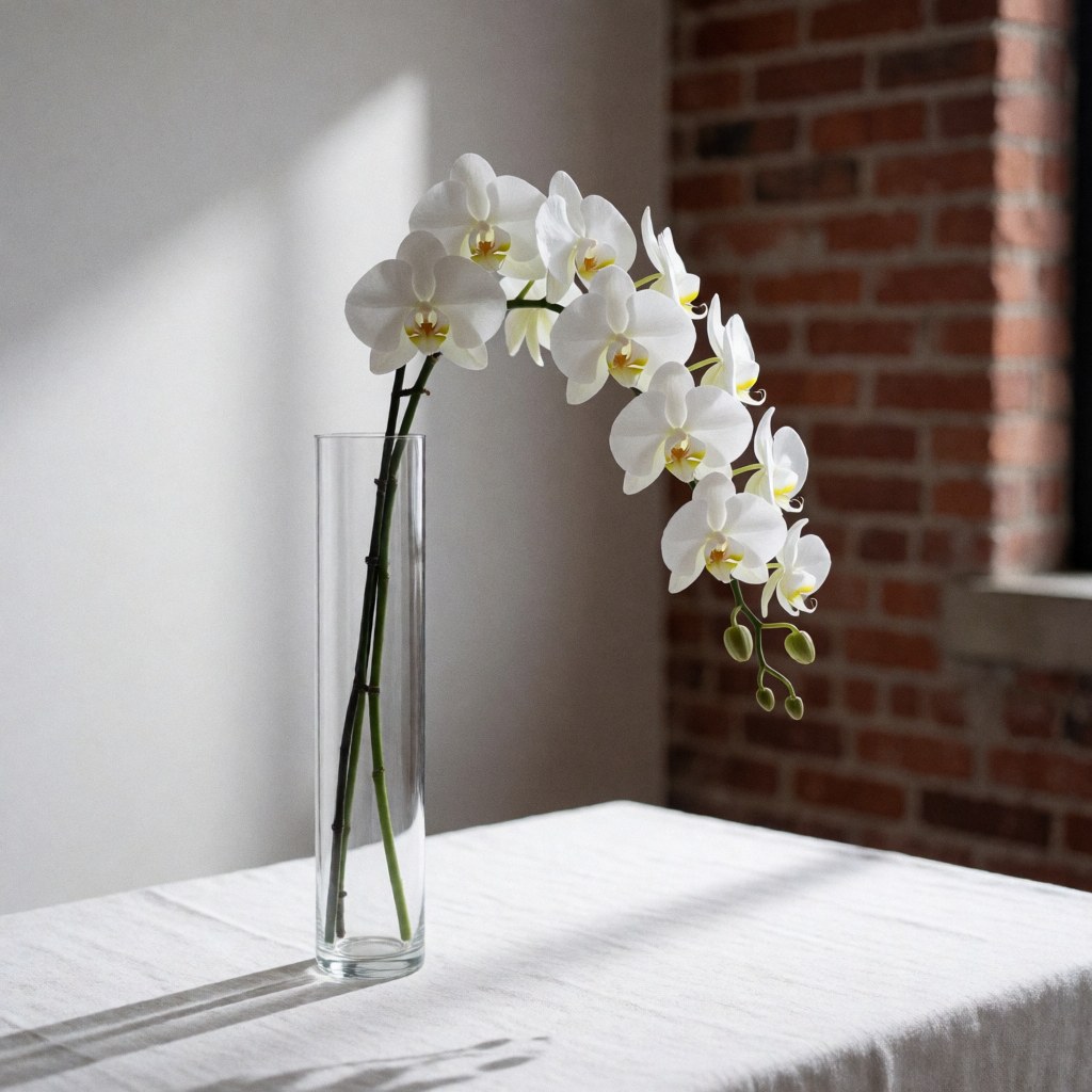 A white orchid in a clear glass vase sits on a table with a white cloth, against a red brick wall with natural light.