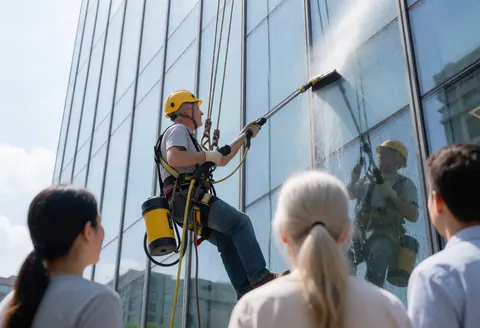 Professional window cleaner suspended on a building facade using a water-fed pole to clean large glass windows
