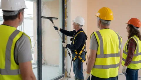 A worker wearing a hard hat and safety vest cleans a storefront window with a squeegee while others watch nearby.