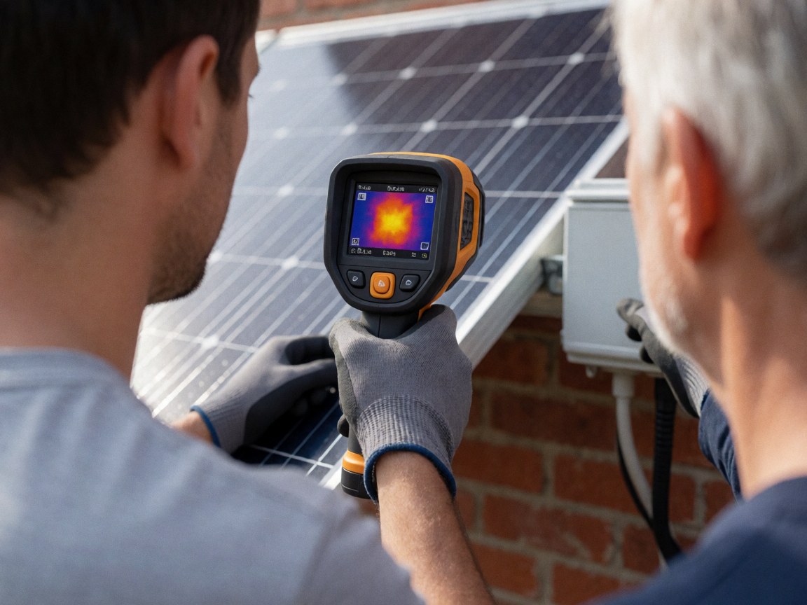 Hand holding thermal camera detects hot spot on solar panel while two people observe work on brick wall