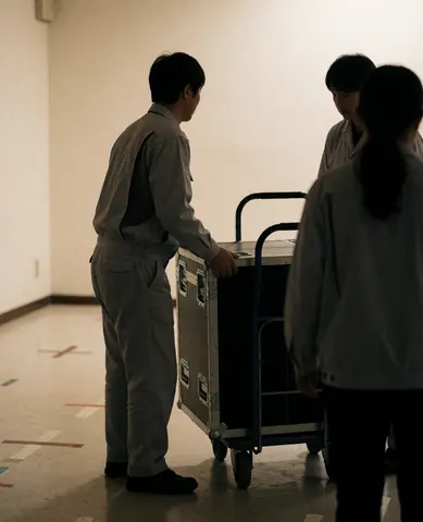 Technician in gray uniform pushes black lighting case on blue cart in white room with floor tape