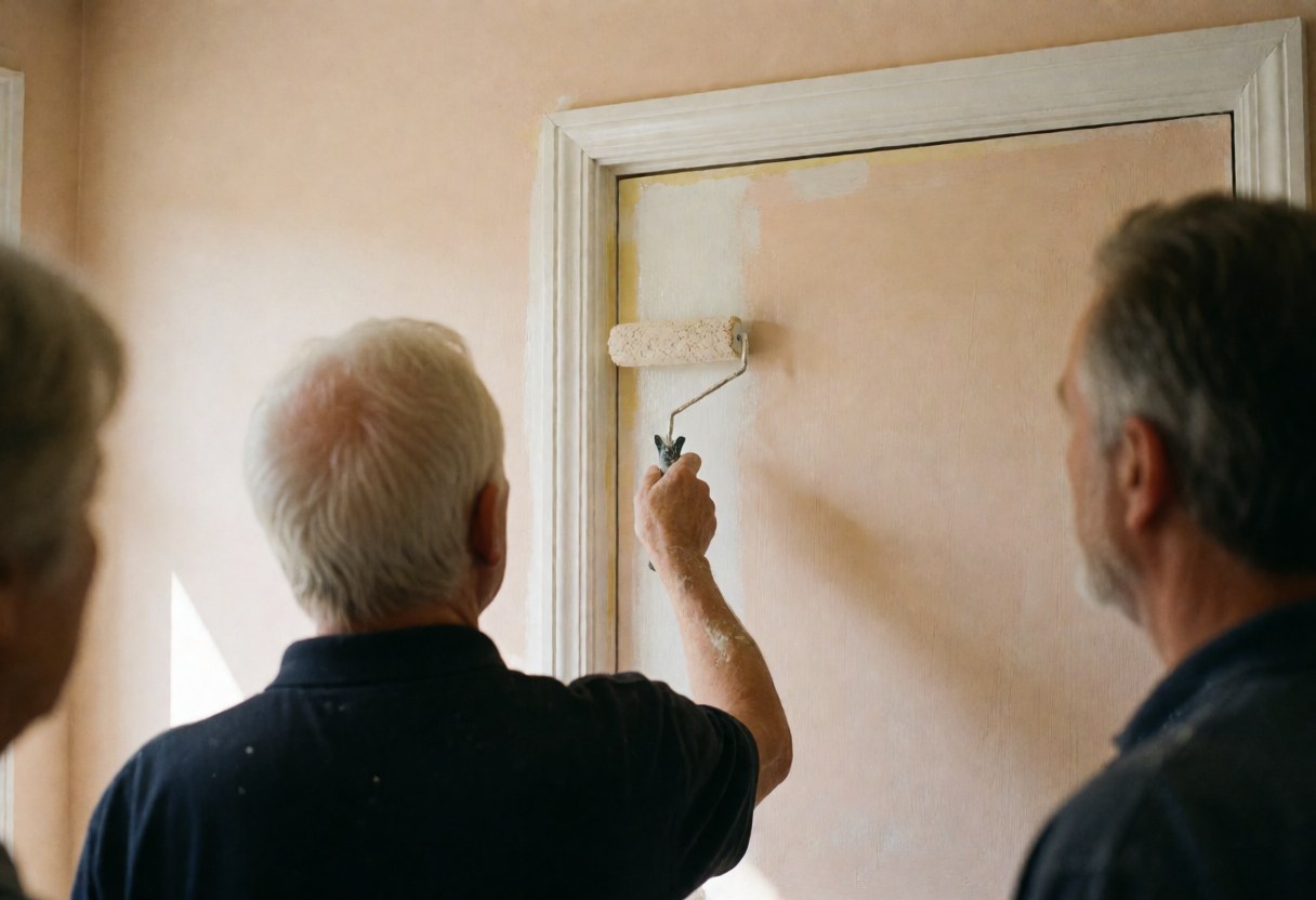 A painter uses a roller on a door while others watch the work in a room with painted walls.
