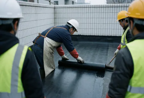 Three workers wearing hard hats and safety vests install a black membrane on a flat roof with white tiled walls.